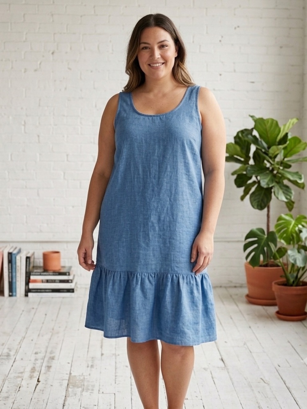 Polo Ralph Lauren Blue 100% Linen Sleeveless Ruffle Tiered Dress Preppy Women L
